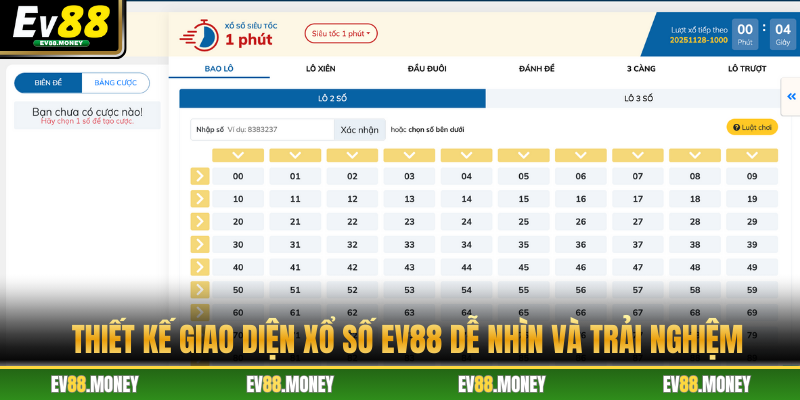 Thiết kế giao diện xổ số EV88 dễ nhìn và trải nghiệm